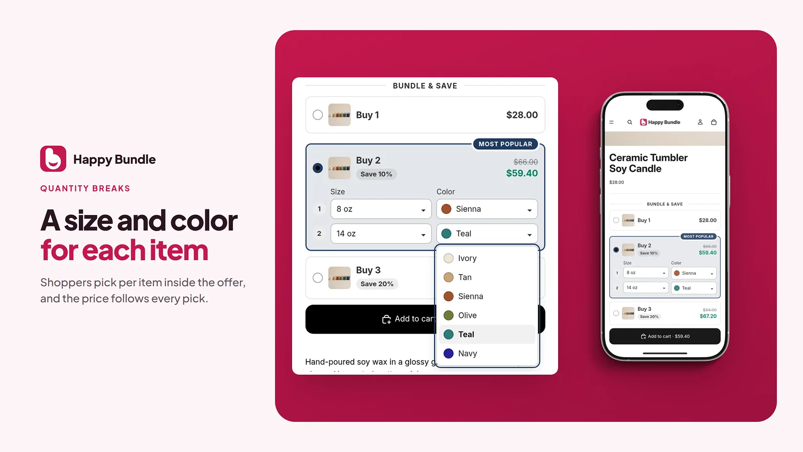 A quantity break on a candle page with Buy 2 selected and marked Most popular, a size and a color picker for each candle, the color list open, and the same offer on a phone