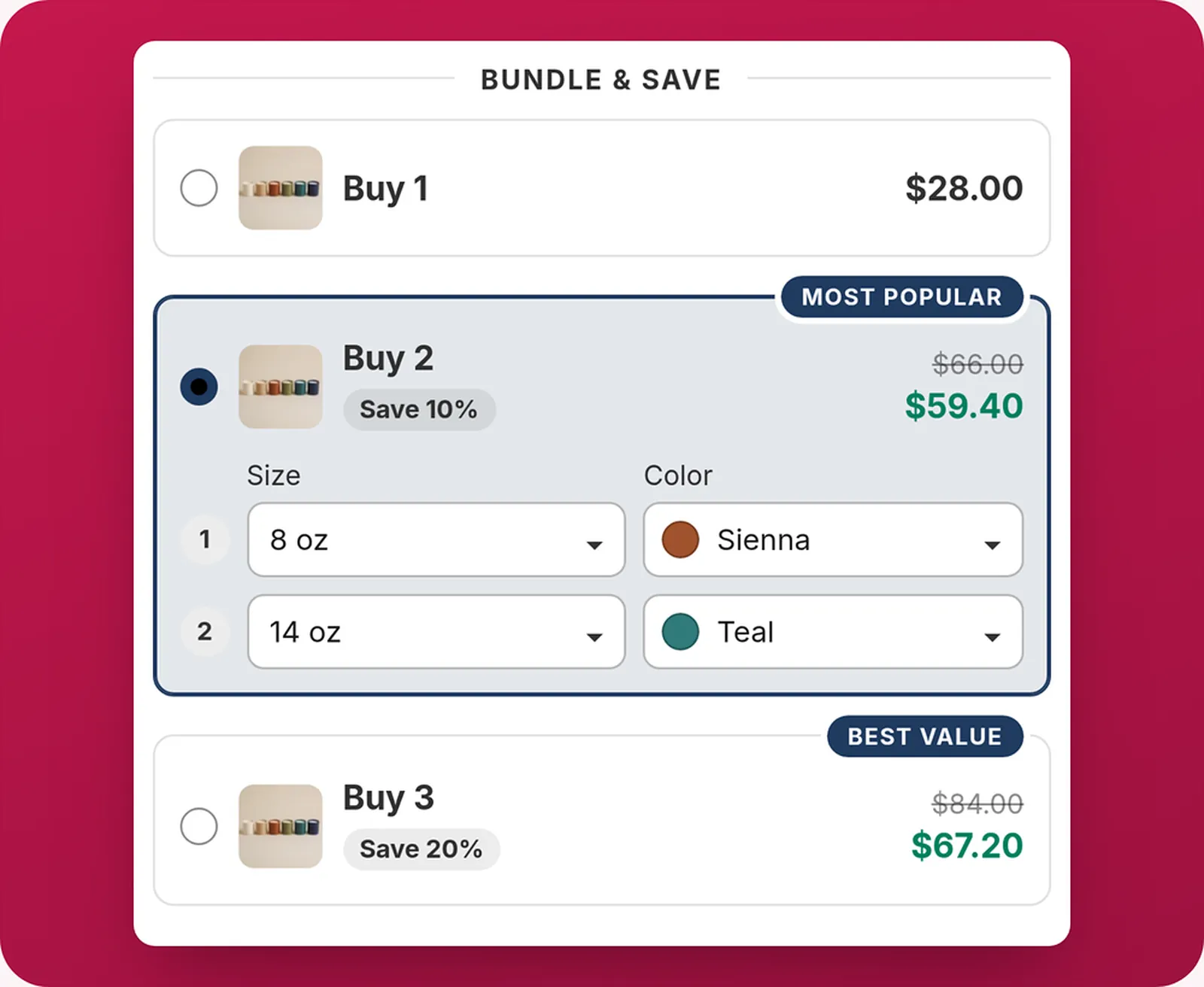 Buy 2 tier with a size and color picker for each item