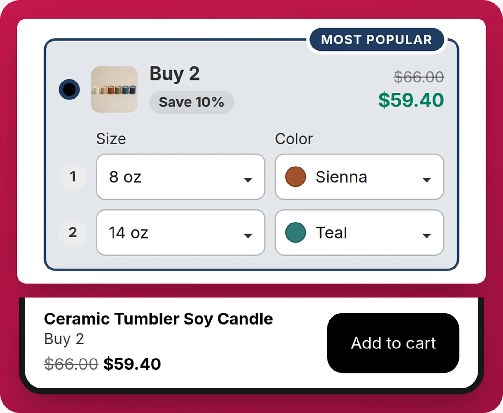 Phone with a sticky bar showing the chosen offer and its price