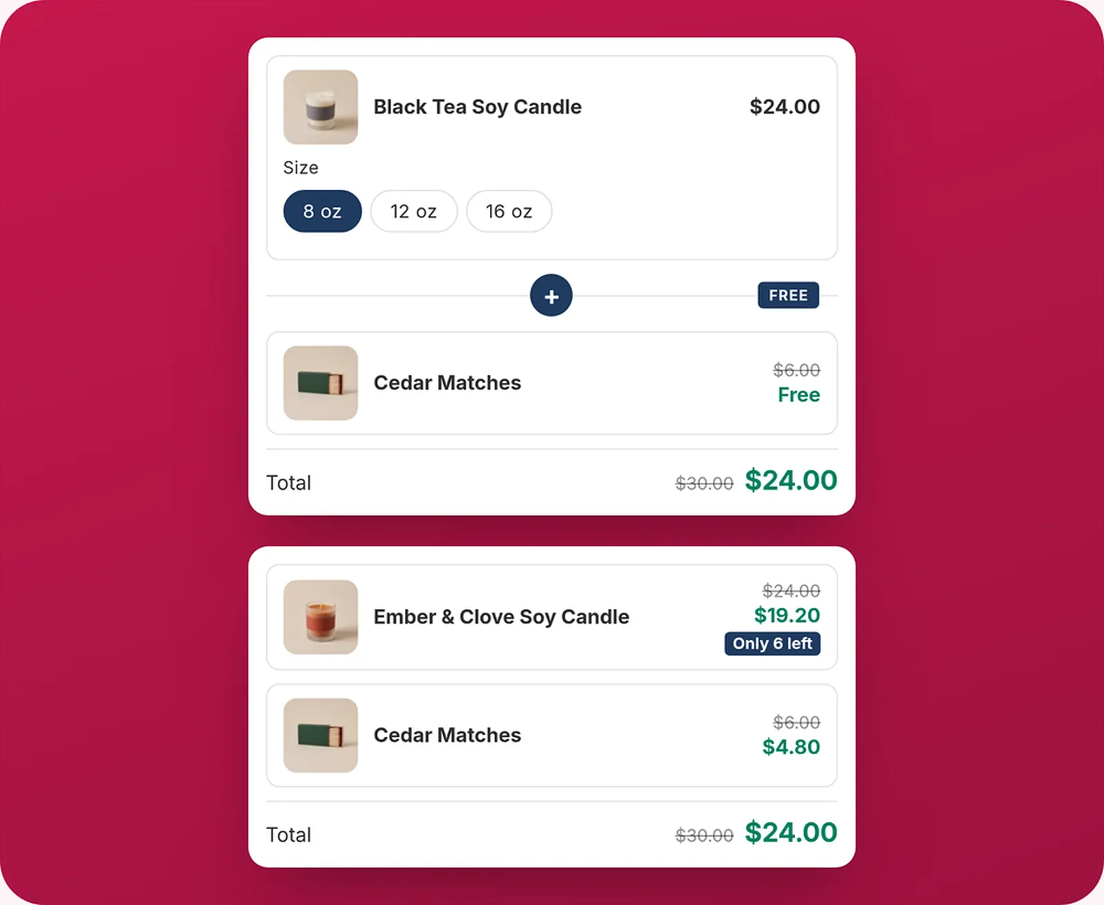 A free gift with a purchase, and a two-item set with a low stock notice