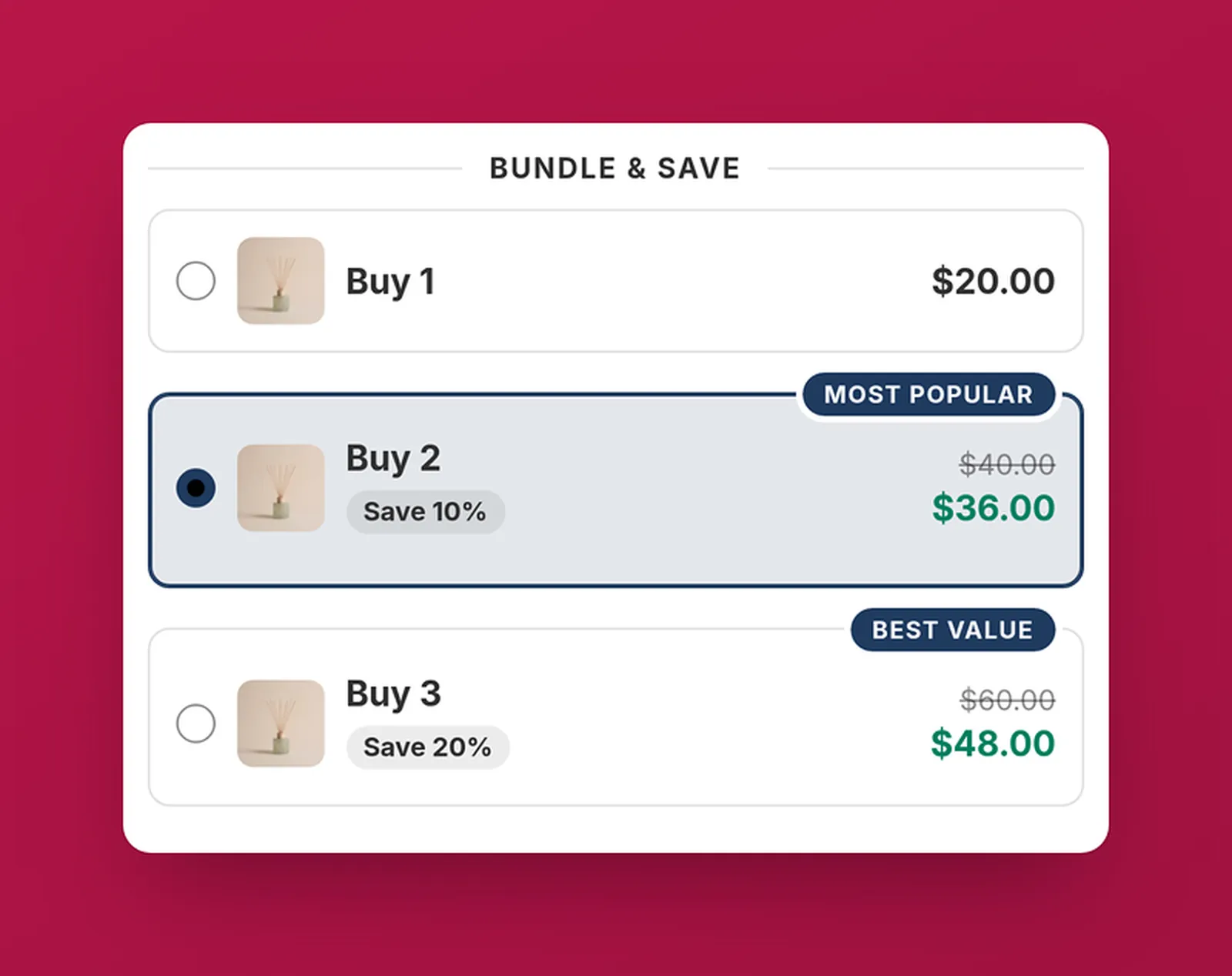 Happy Bundle quantity break: Buy 1, Buy 2 and save 10%, Buy 3 and save 20%, styled like the store theme