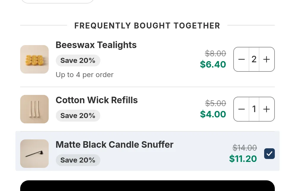 Add-on rows under a product: the same rows frequently bought together suggestions use