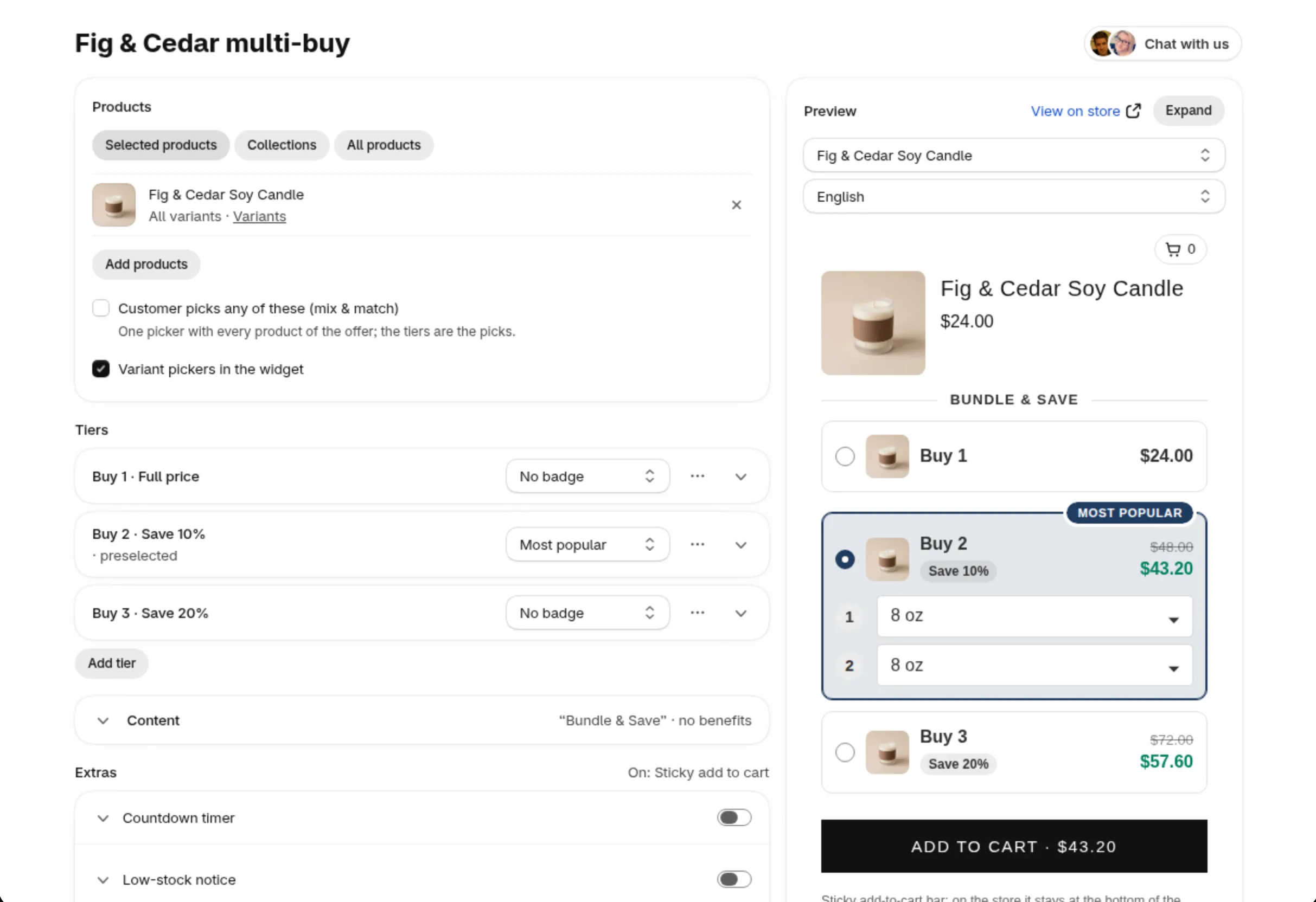 The Happy Bundle offer editor with tiers on the left and a live preview of the offer on the product on the right