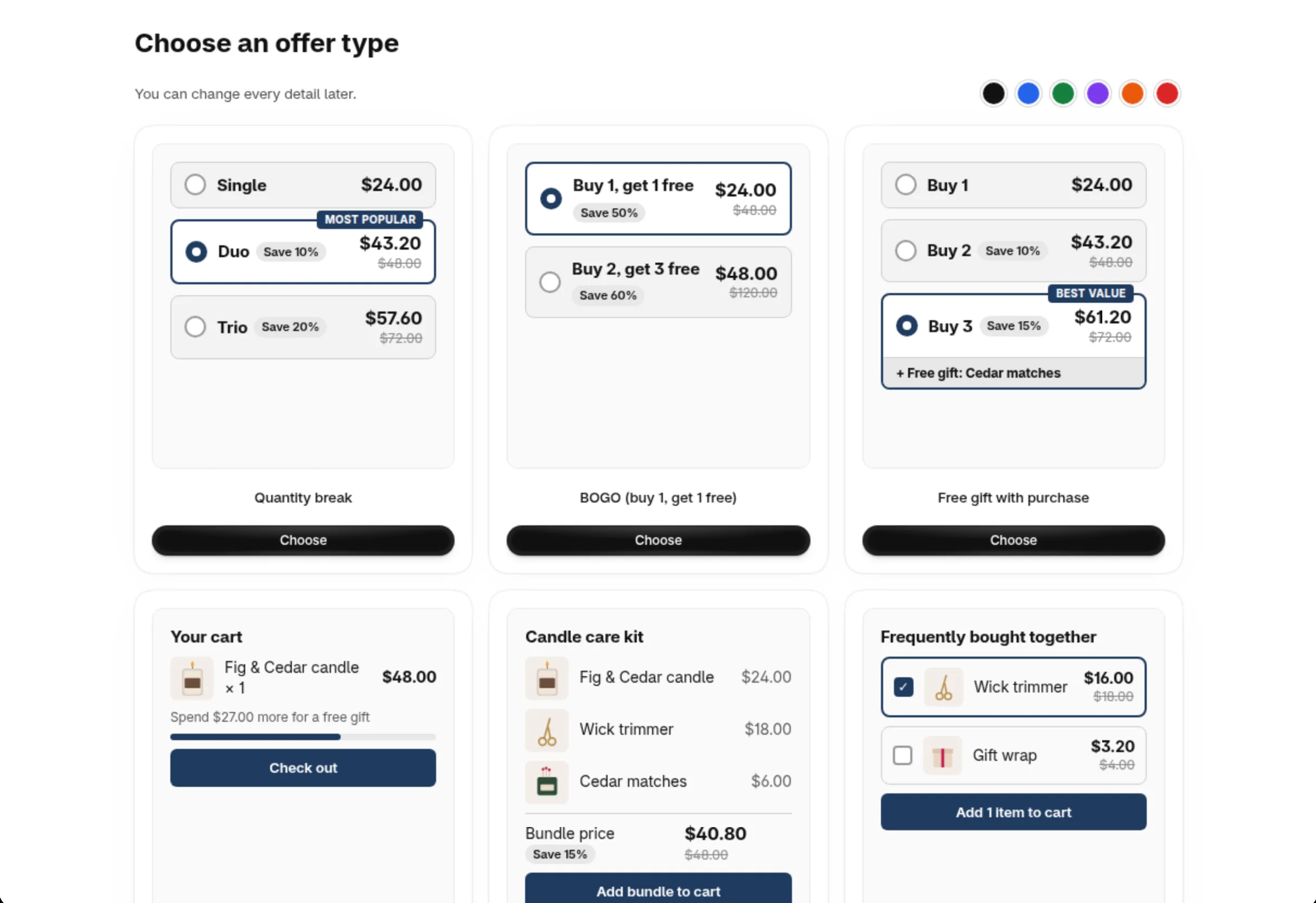The Choose an offer type page in Happy Bundle, with a sample picture for each offer type