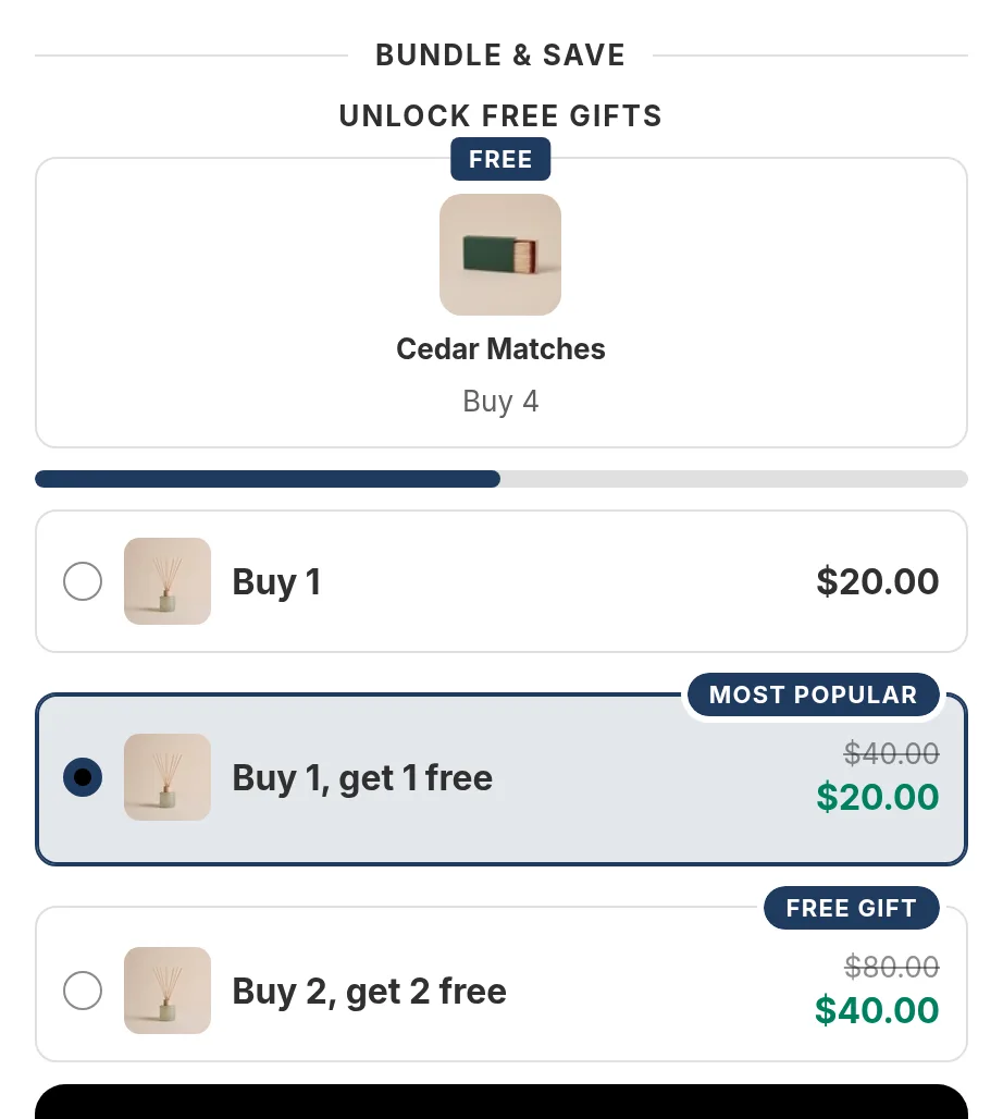 A reed diffuser offer with Buy 1, get 1 free selected at $20.00 for two, under a free gift unlocked at Buy 4