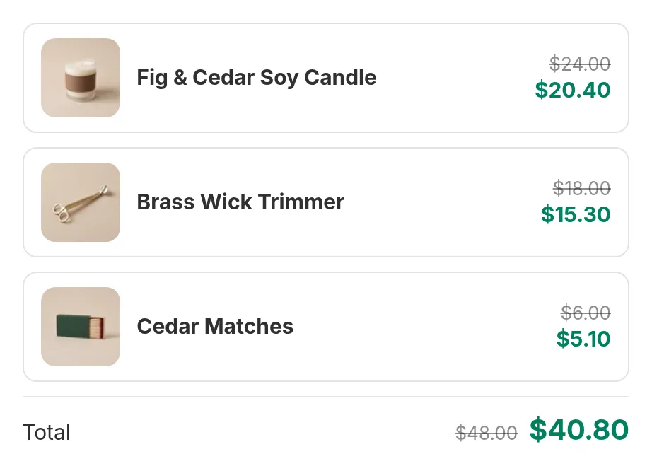 A fixed bundle widget for a candle care kit, listing a candle, a wick trimmer and matches with the bundle price