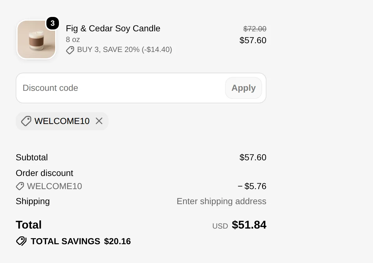 A Shopify checkout order summary showing a quantity break discount and a discount code applied together
