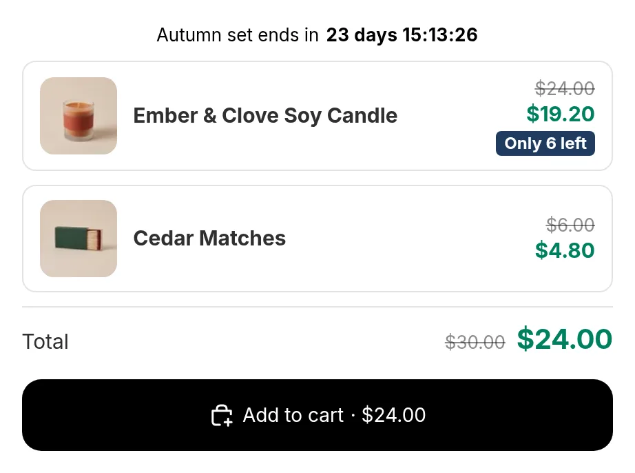 An offer with a countdown reading Autumn set ends in 23 days and a notice saying Only 6 left