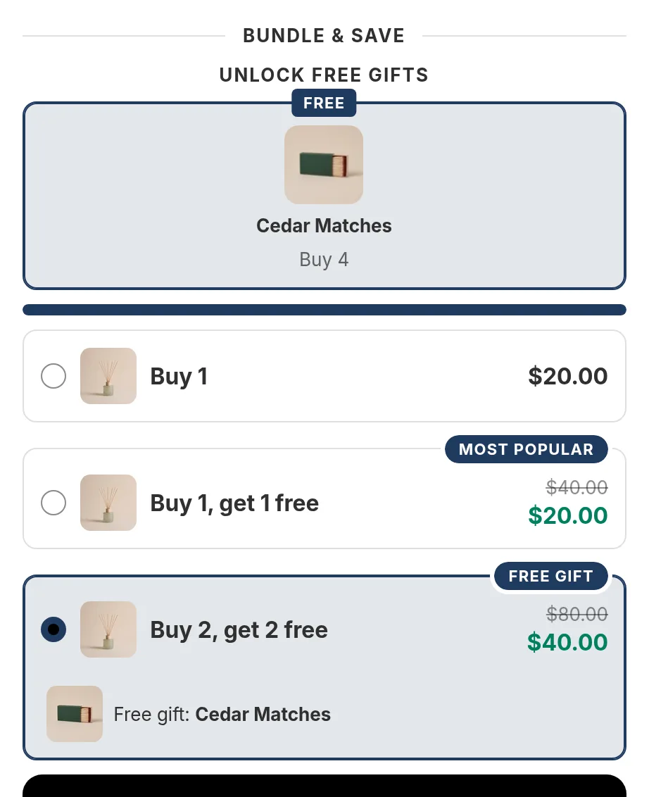 A quantity break where the bigger tiers include a free gift product