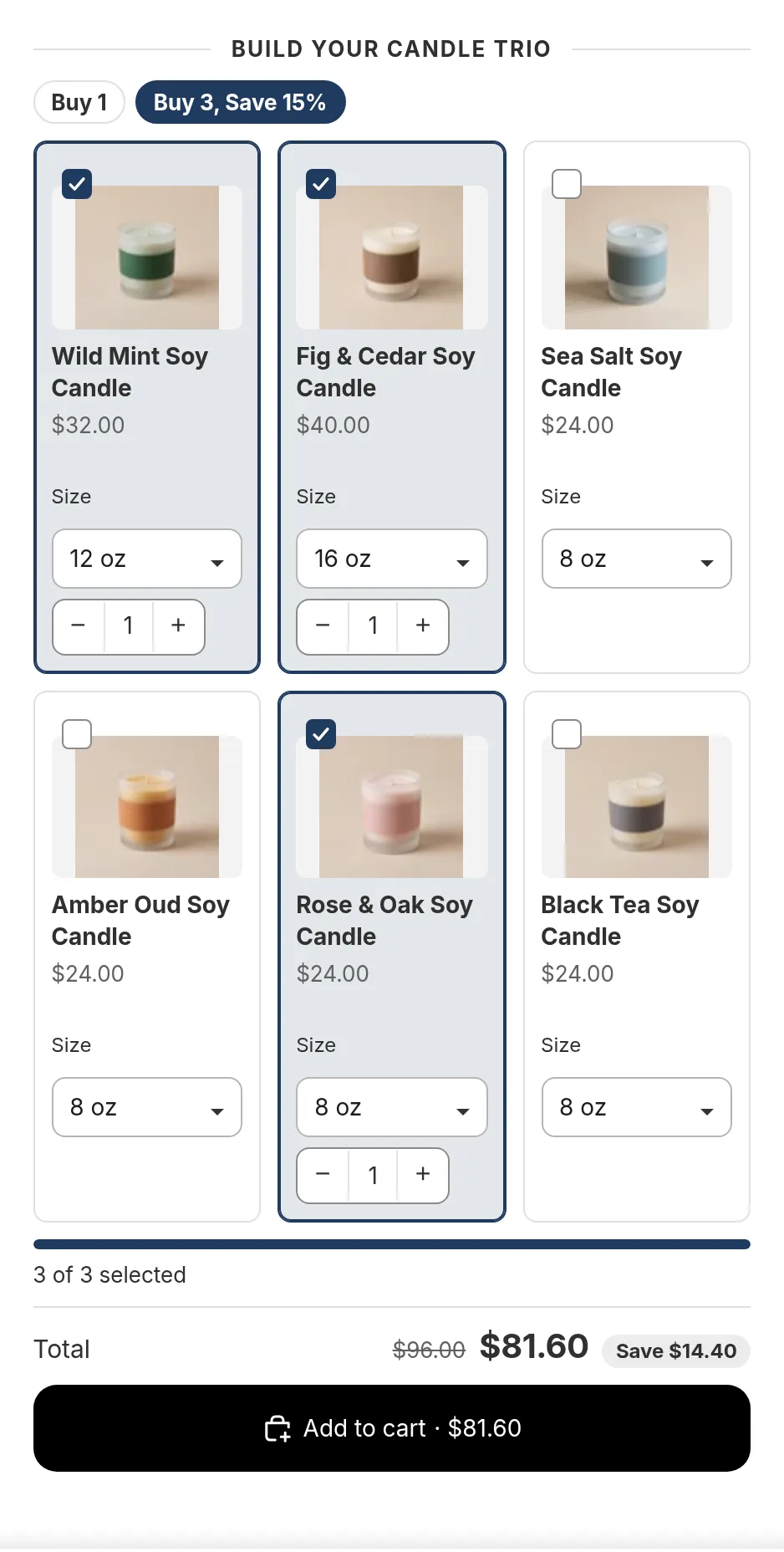 A mix and match offer listing several candles, with three chosen, each in a different size