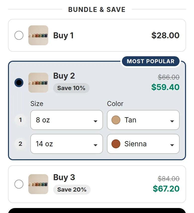 The same quantity break on a phone, with a size picker and a color picker for each candle