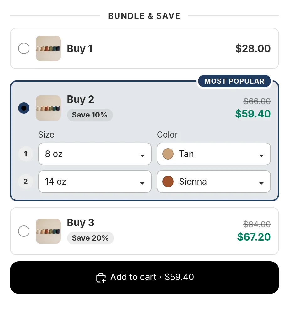 A quantity break on a candle page with Buy 2 selected: candle 1 in 8 oz Tan, candle 2 in 14 oz Sienna, $59.40