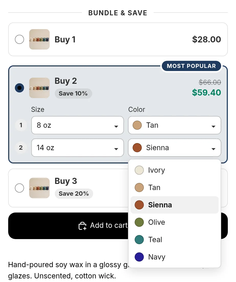 A Buy 2 quantity break with a size and color picker for item 1 and item 2, the color list of item 2 open with six swatches