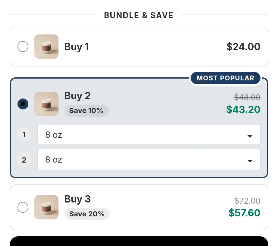 Three tiers on a product page: Buy 1, Buy 2 marked Most popular with Save 10%, and Buy 3 with Save 20%