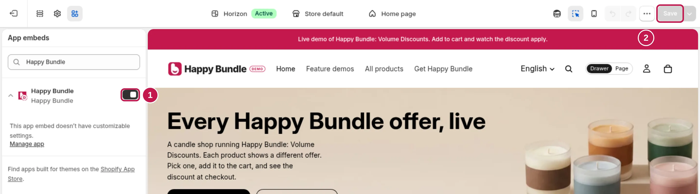 The theme editor's App embeds panel with the Happy Bundle switch on and marked 1, and Save marked 2