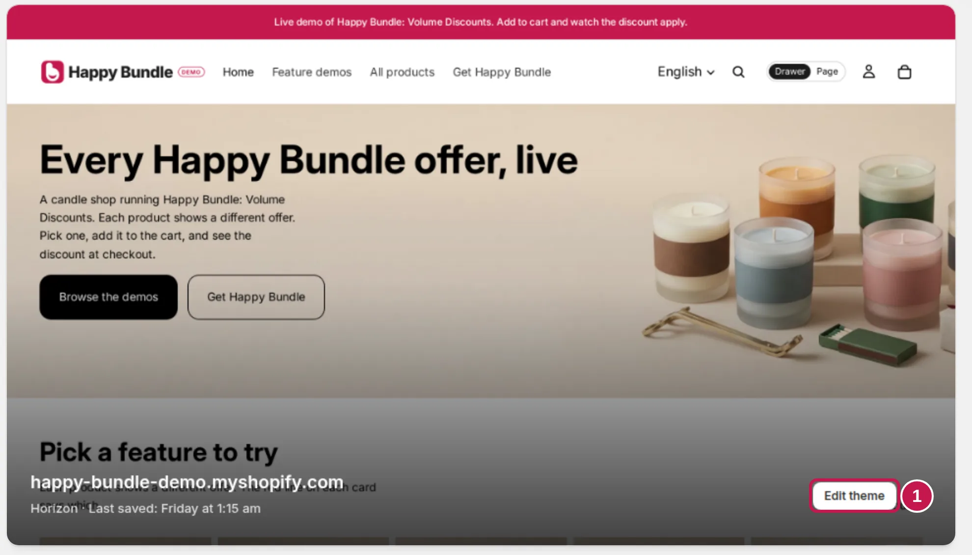 The Themes page in Shopify admin with the live Horizon theme and its Edit theme button marked 1