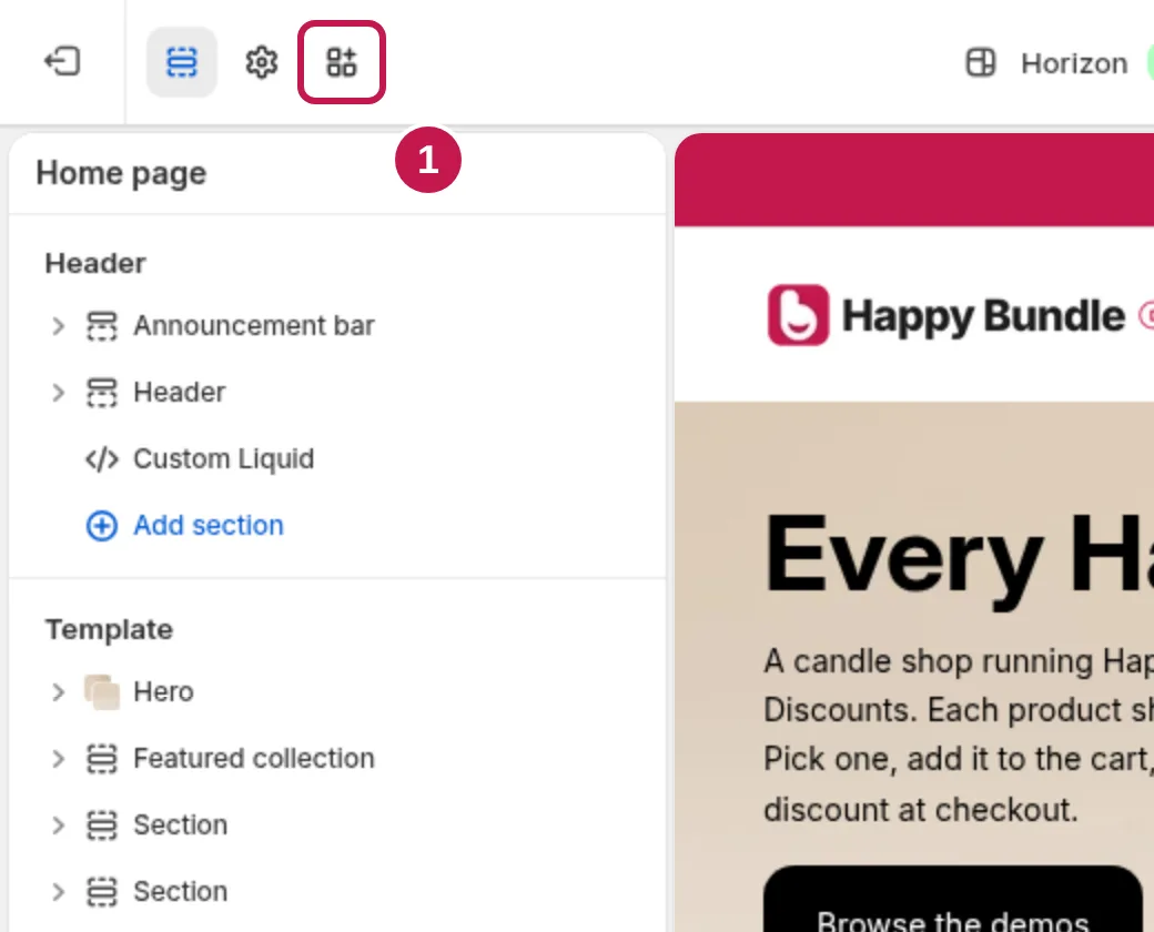 The theme editor's top left toolbar with the App embeds icon, a grid with a plus sign, marked 1