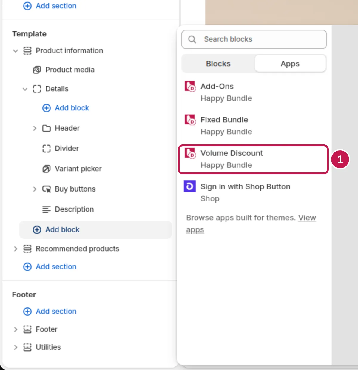 The theme editor's Add block menu on the Apps tab, listing Add-Ons, Fixed Bundle and Volume Discount from Happy Bundle, with Volume Discount marked 1