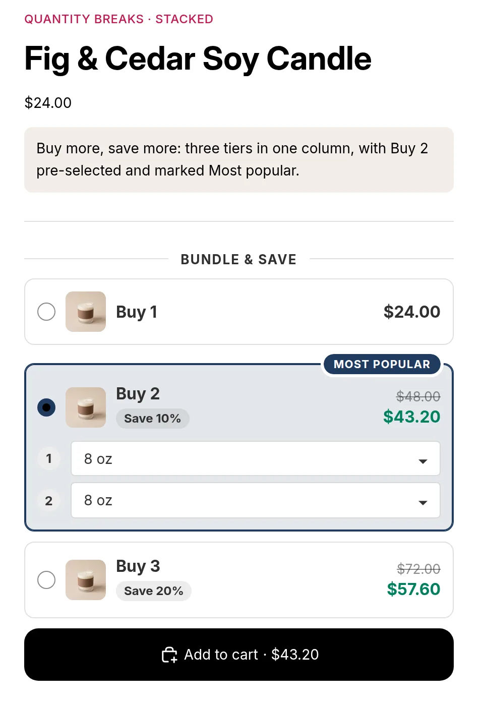 A candle product page with a quantity break offer of three tiers above the Add to cart button