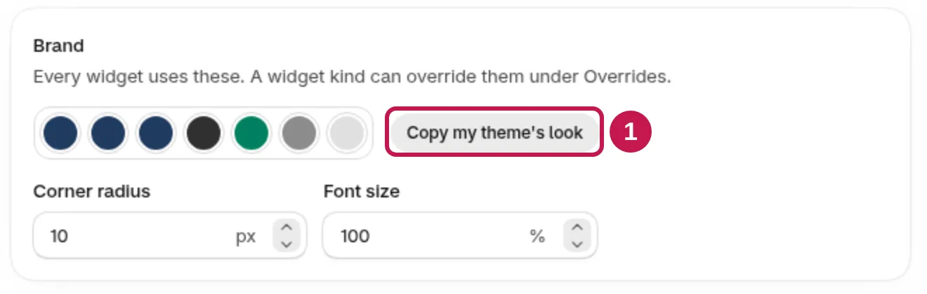 The Brand card in Happy Bundle's Design page with color swatches and the Copy my theme's look button marked 1