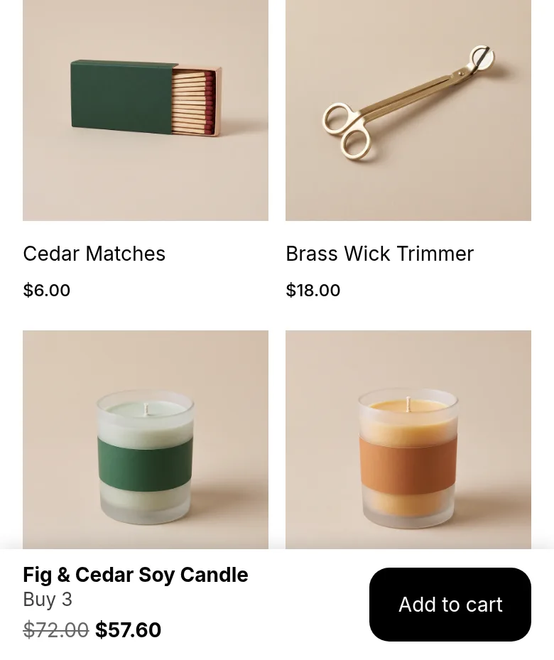 A phone screen scrolled past the offer, with a sticky bar at the bottom showing Buy 3 and the tier price next to an add to cart button